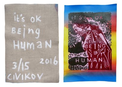 "it's ok being human" - 2016 - multiple of 15 (+ 3 x artist print). Oil based 2 color Linocut, All with a different acrylic underpainting which makes them all unique. Printed on linen (unstretched). Size: ± 34 x 23 cm.